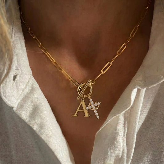 Paperclip Initial & Cross Toggle Clasp Necklace