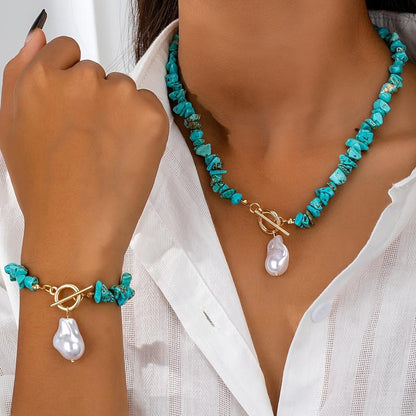 Boho Pearl Pendant Toggle Clasp Necklace & Bracelet Set
