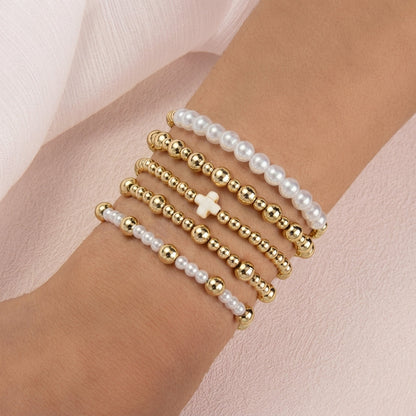 5pc Gold & Pearl Cross Beaded Bracelet Stack