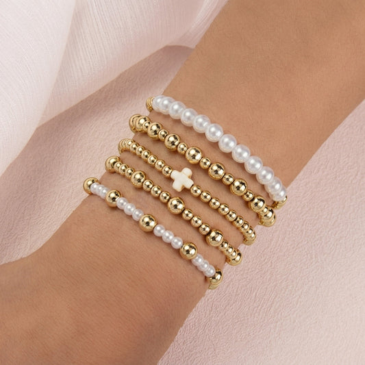 5pc Gold & Pearl Cross Beaded Bracelet Stack