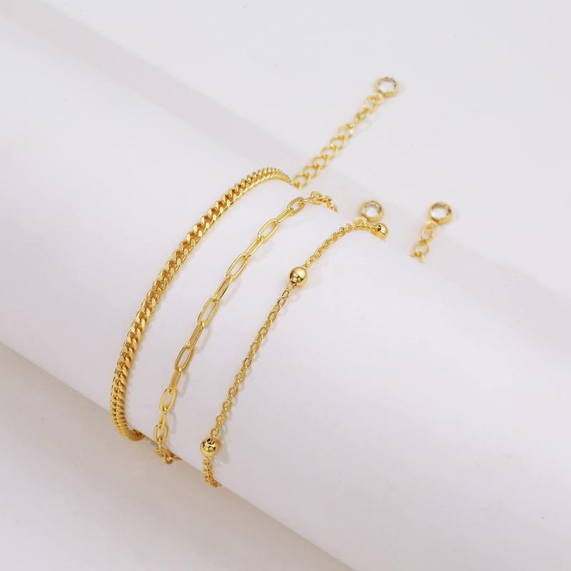 3pc Elegant Satellite, Paperclip, Curb Chain Anklet Set