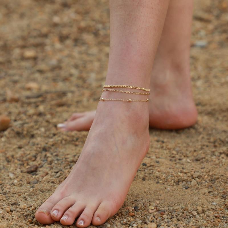 3pc Elegant Satellite, Paperclip, Curb Chain Anklet Set