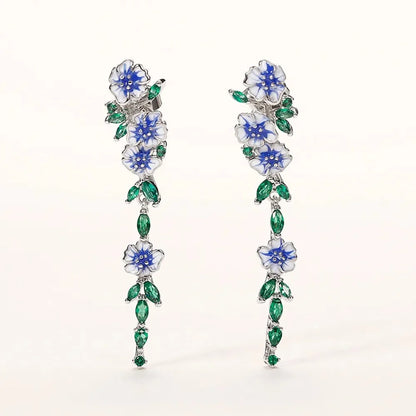 Glossy Blue Floral Dangling Earrings