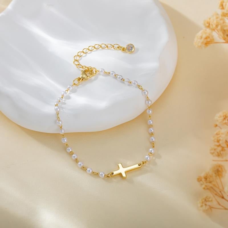 2pc Dainty Pearl & Cross Necklace & Bracelet Set