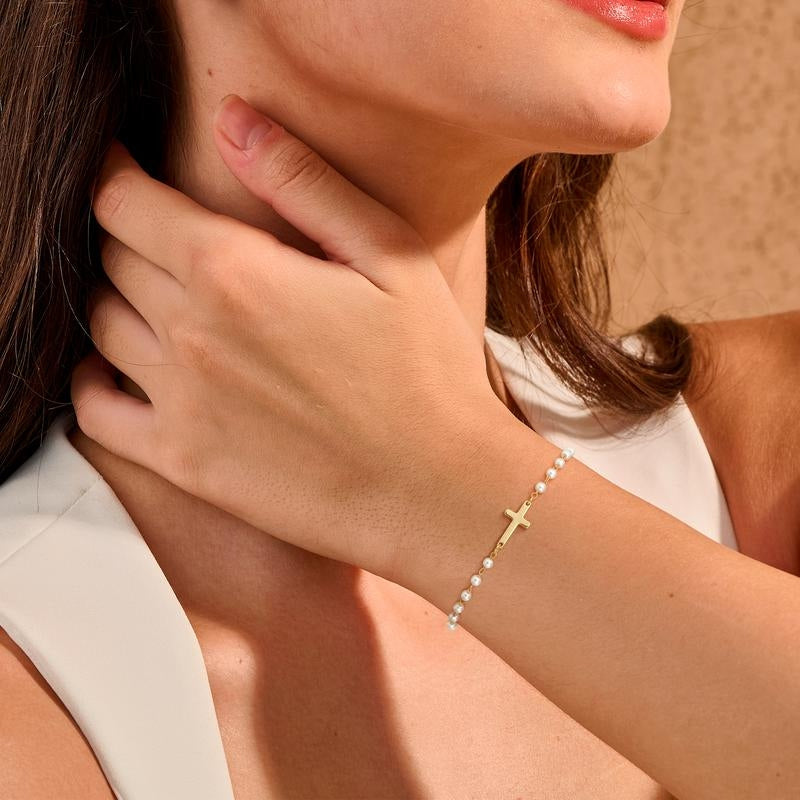 2pc Dainty Pearl & Cross Necklace & Bracelet Set