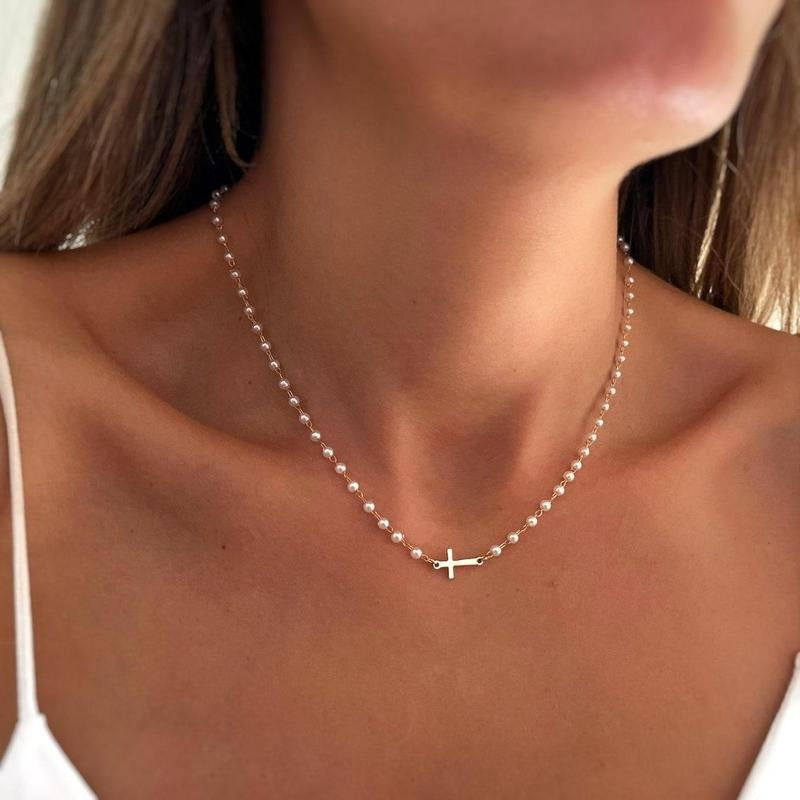 2pc Dainty Pearl & Cross Necklace & Bracelet Set
