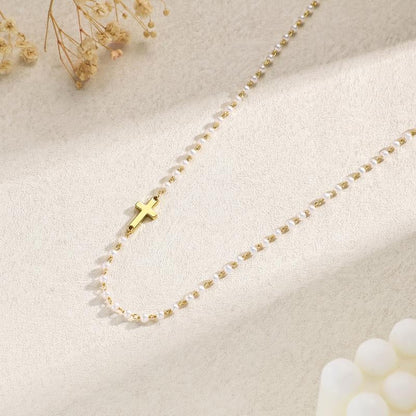 2pc Dainty Pearl & Cross Necklace & Bracelet Set