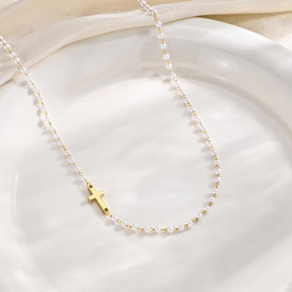 2pc Dainty Pearl & Cross Necklace & Bracelet Set