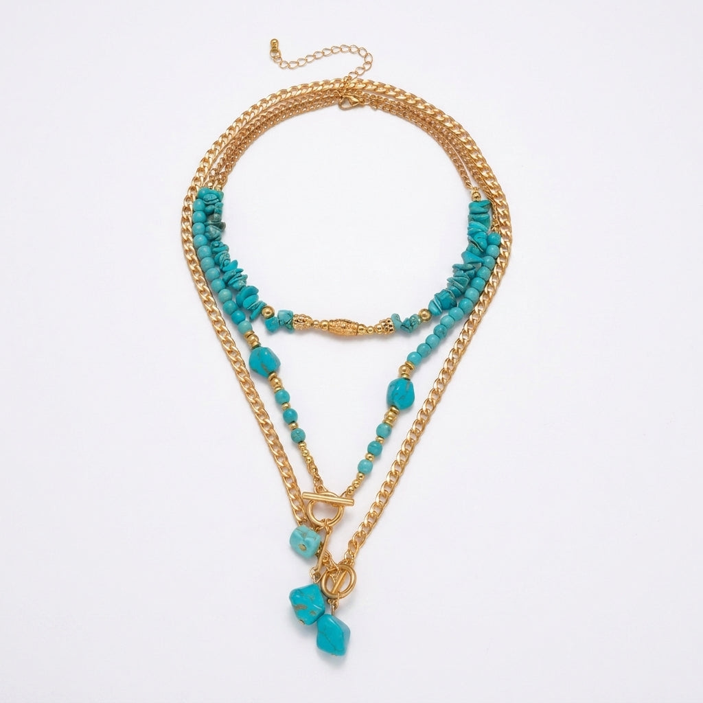 3pc Boho Toggle Clasp Turquoise Accented Necklace Stack