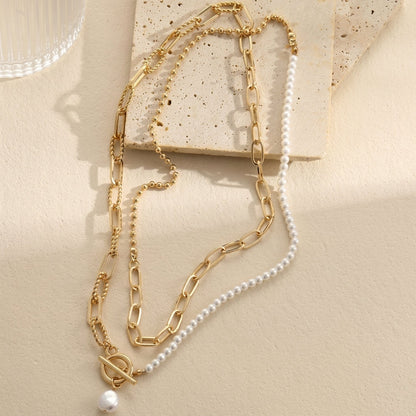 Elegant Pearl & Paperclip Chain Wrap Around Necklace