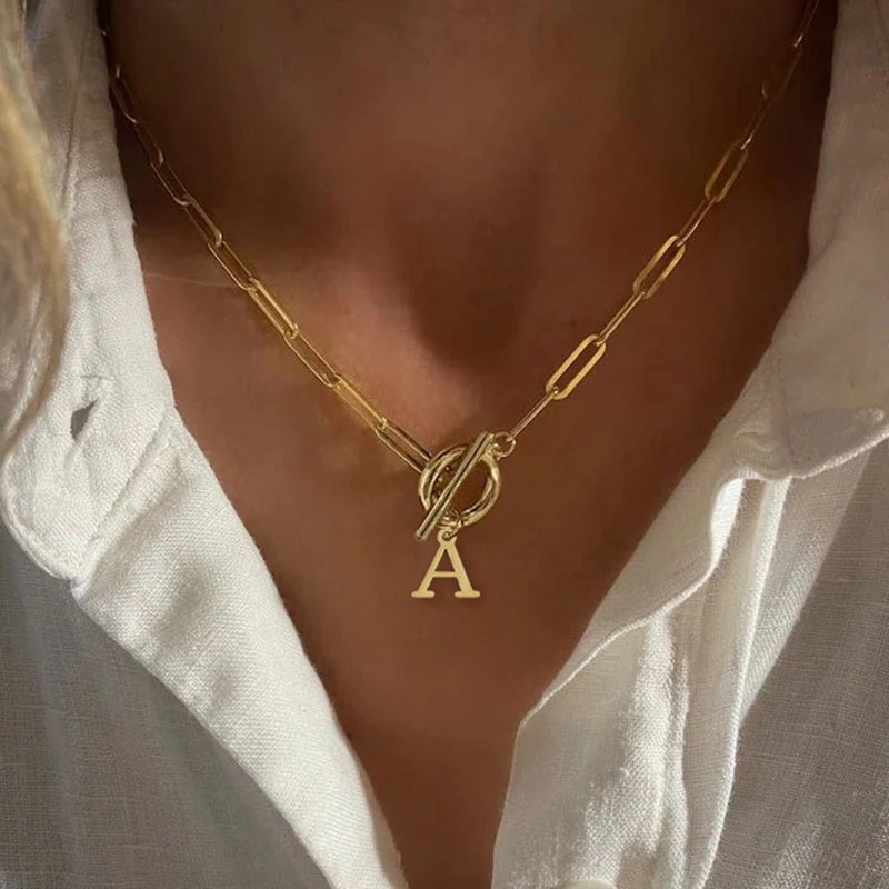 Paperclip Initial & Cross Toggle Clasp Necklace